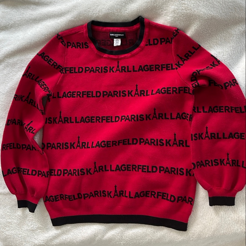 Karl Lagerfeld Vibrant Red and Black Crewneck Knit Sweater